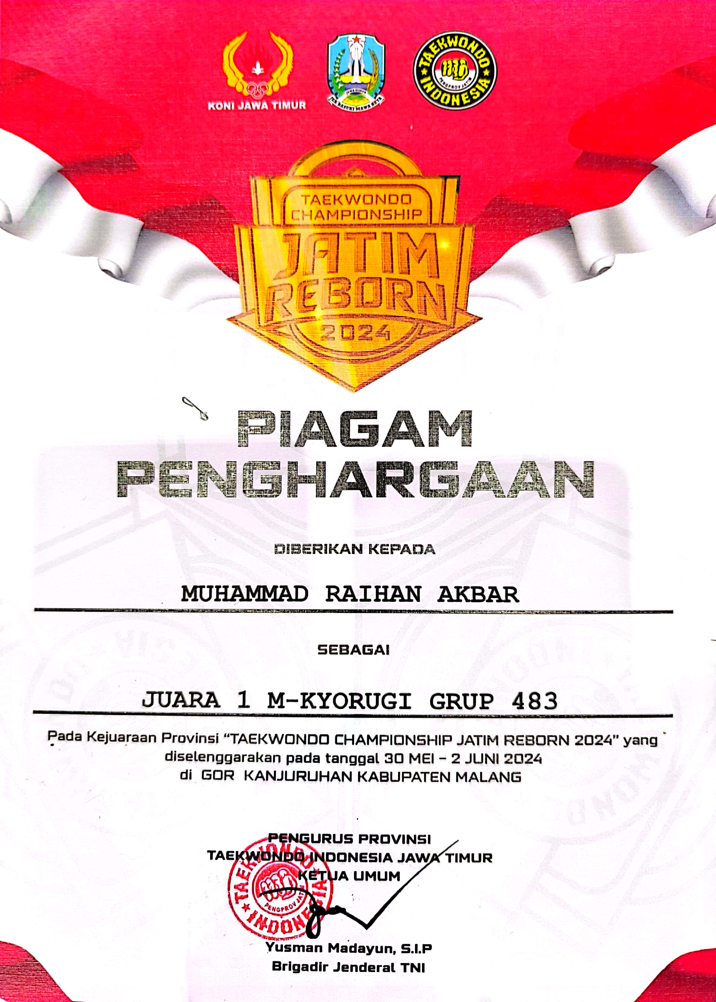 Juara Satu M-Kyorugi Grup 483  pada Kejuaraan Provinsi \