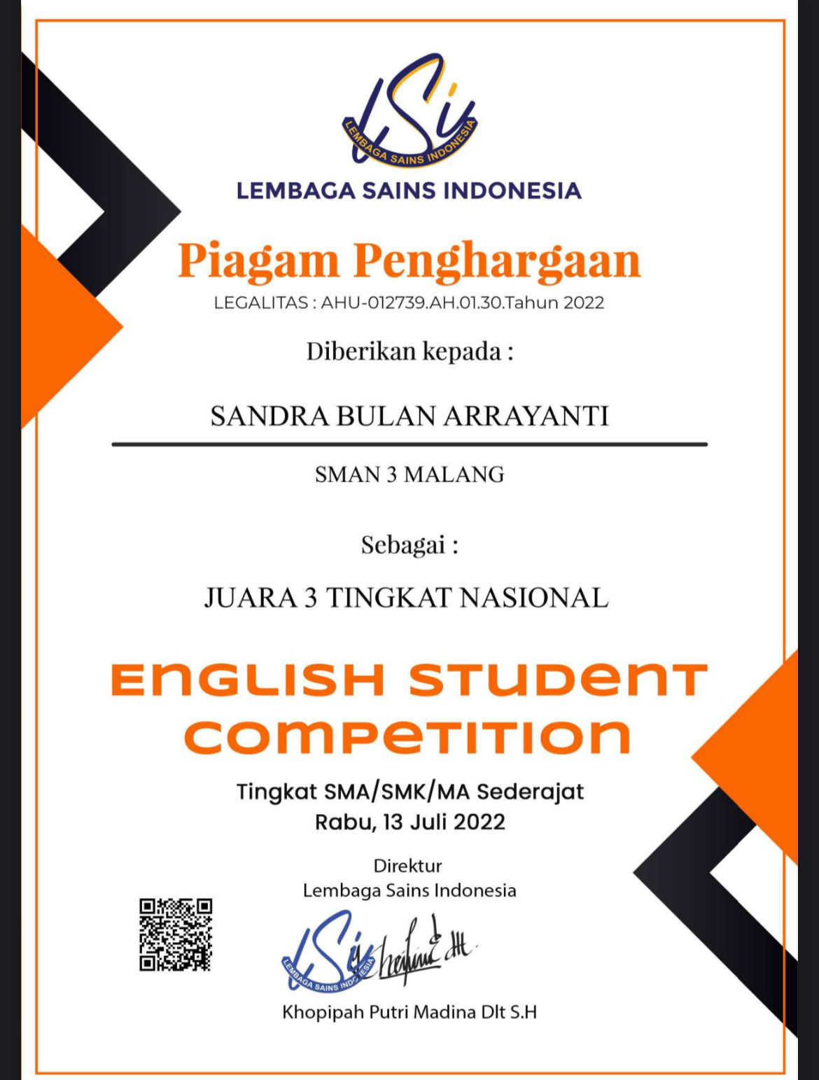 JUARA 3 ENGLISH STUDENT COMPETITION 