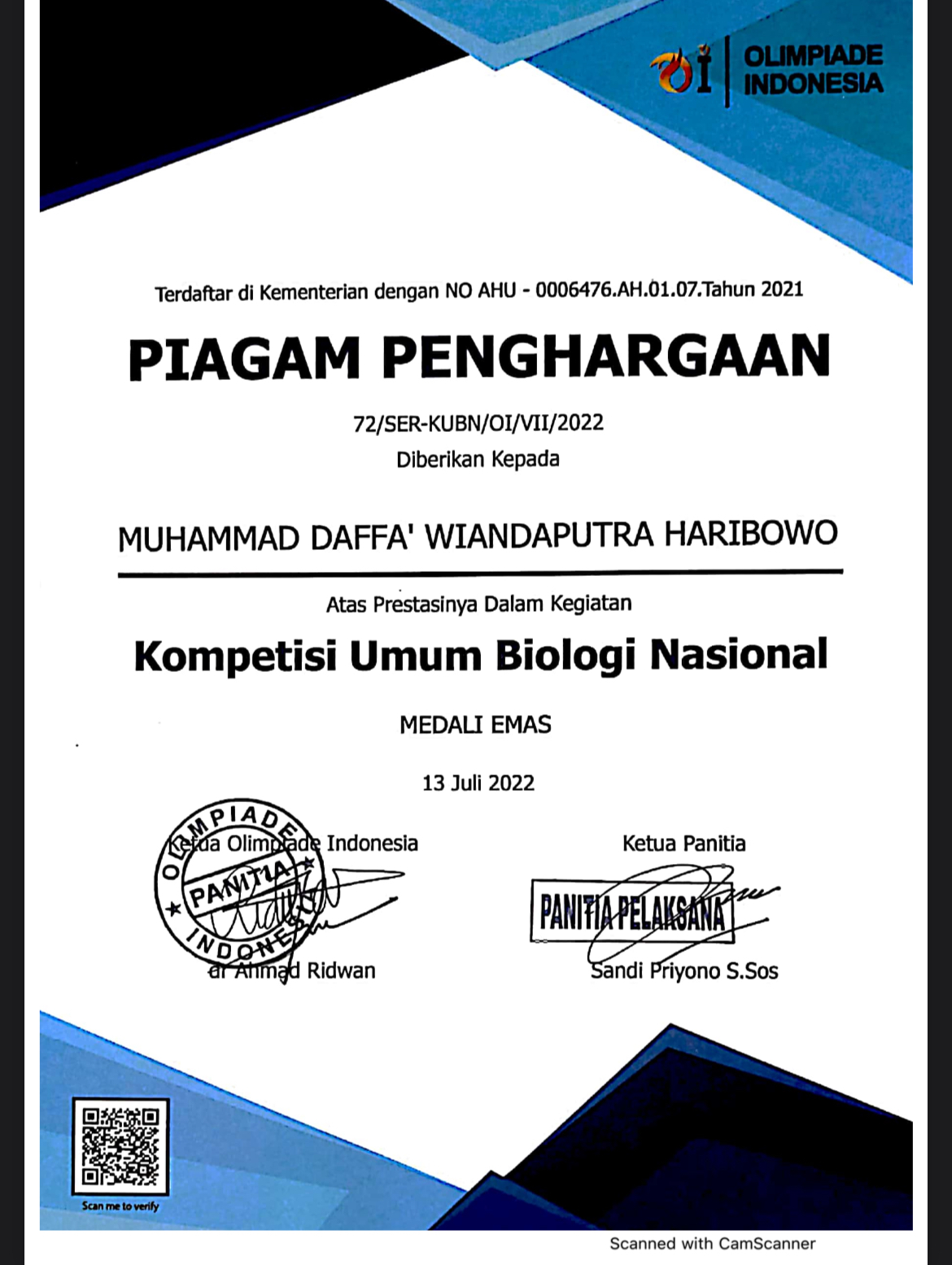 MEDALI EMAS Kompetisi Umum Biologi Nasional