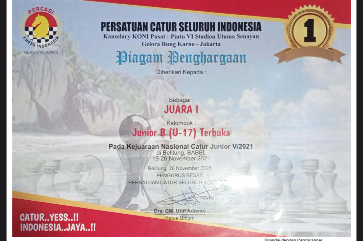 JUARA 1 U17 KEJUARAAN CATUR NASIONAL 