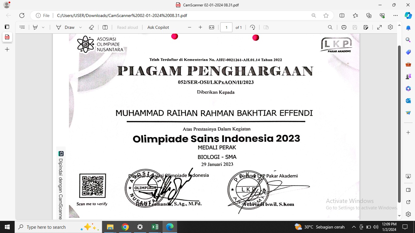 Medali Perak Olimpiade Sains Indonesia 2023 - Biologi