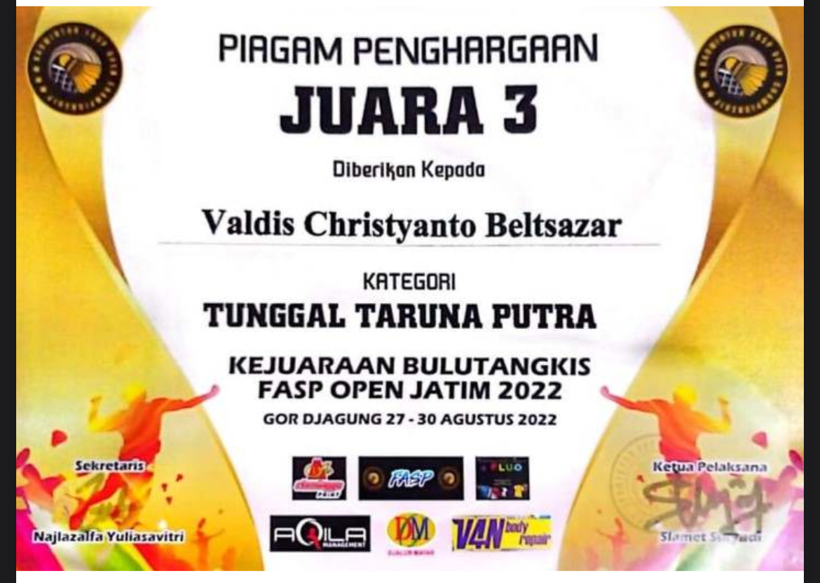 Juara 3 KEJUARAAN BULUTANGKIS FASP OPEN JATIM 2022