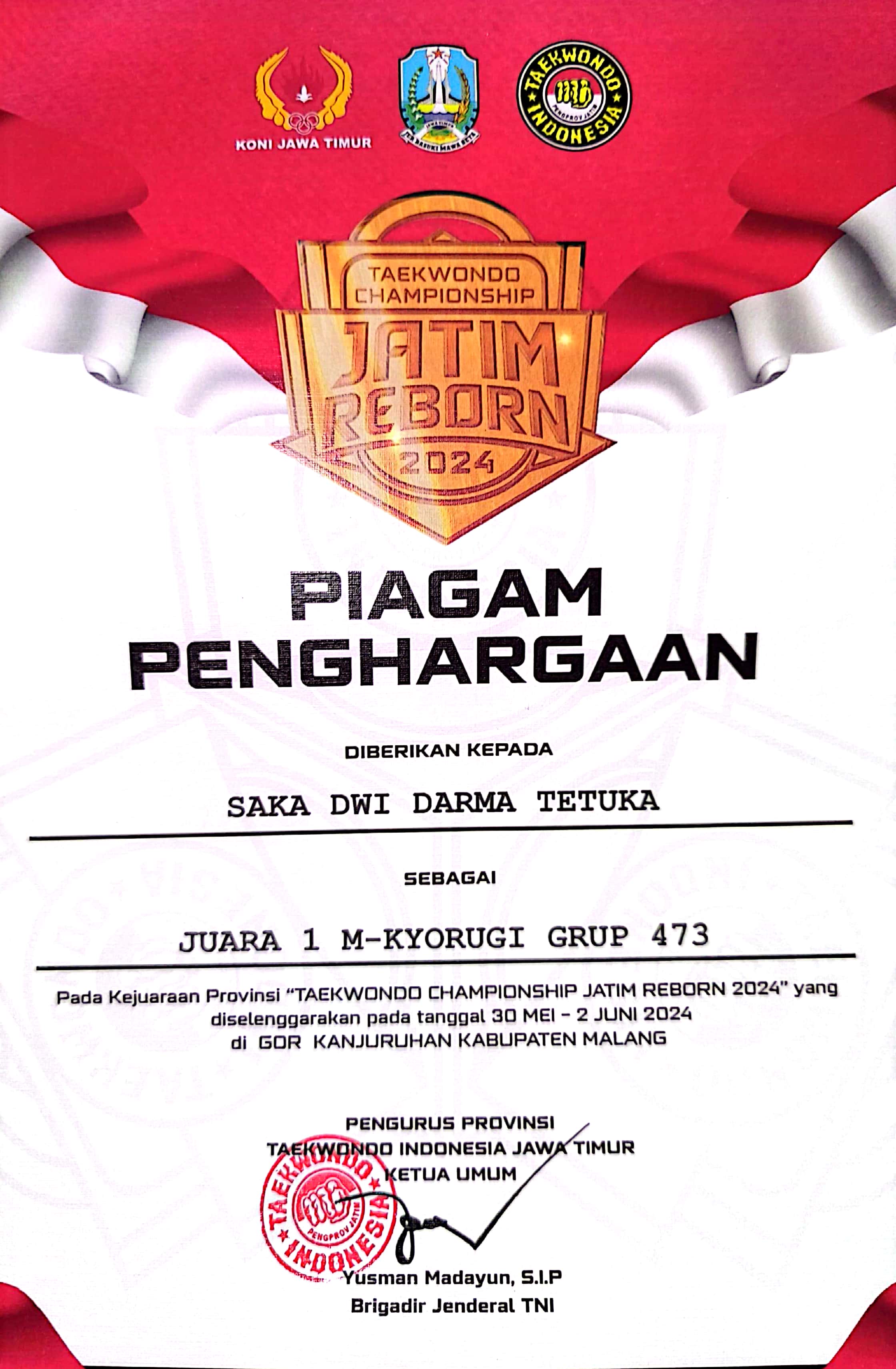 Juara Satu M-Kyorugi Grup 473 pada Kejuaraan Provinsi \