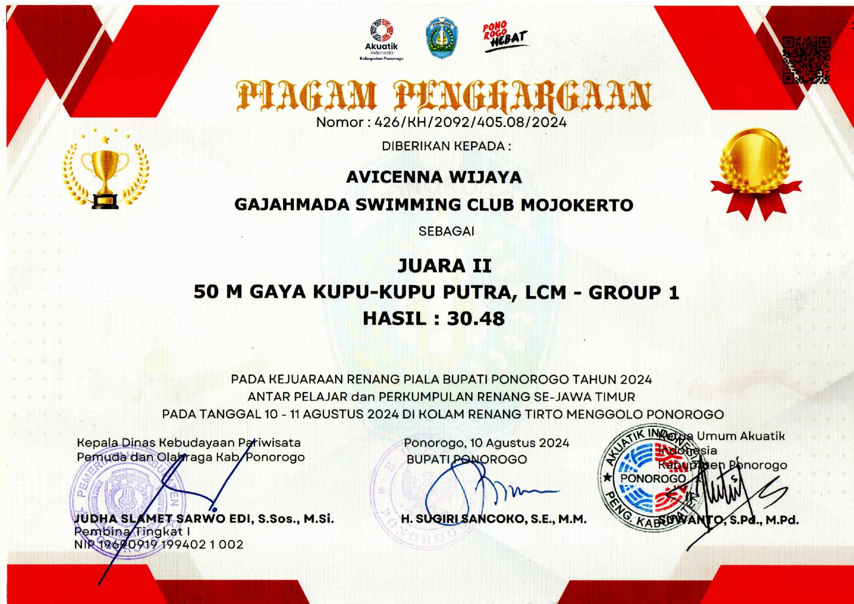 KEJUARAAN RENANG PIALA BUPATI PONOROGO KATEGORI 50 M GAYA KUPU-KUPU PUTRA LCM GROUP 1