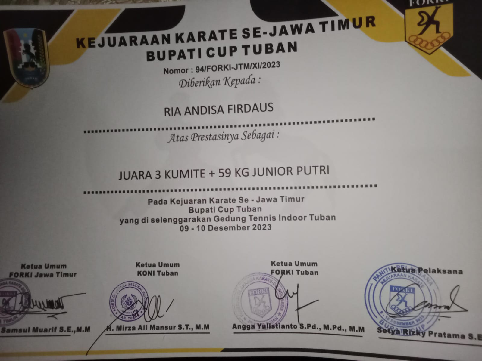 Juara III Kumite +59 Kg Junior