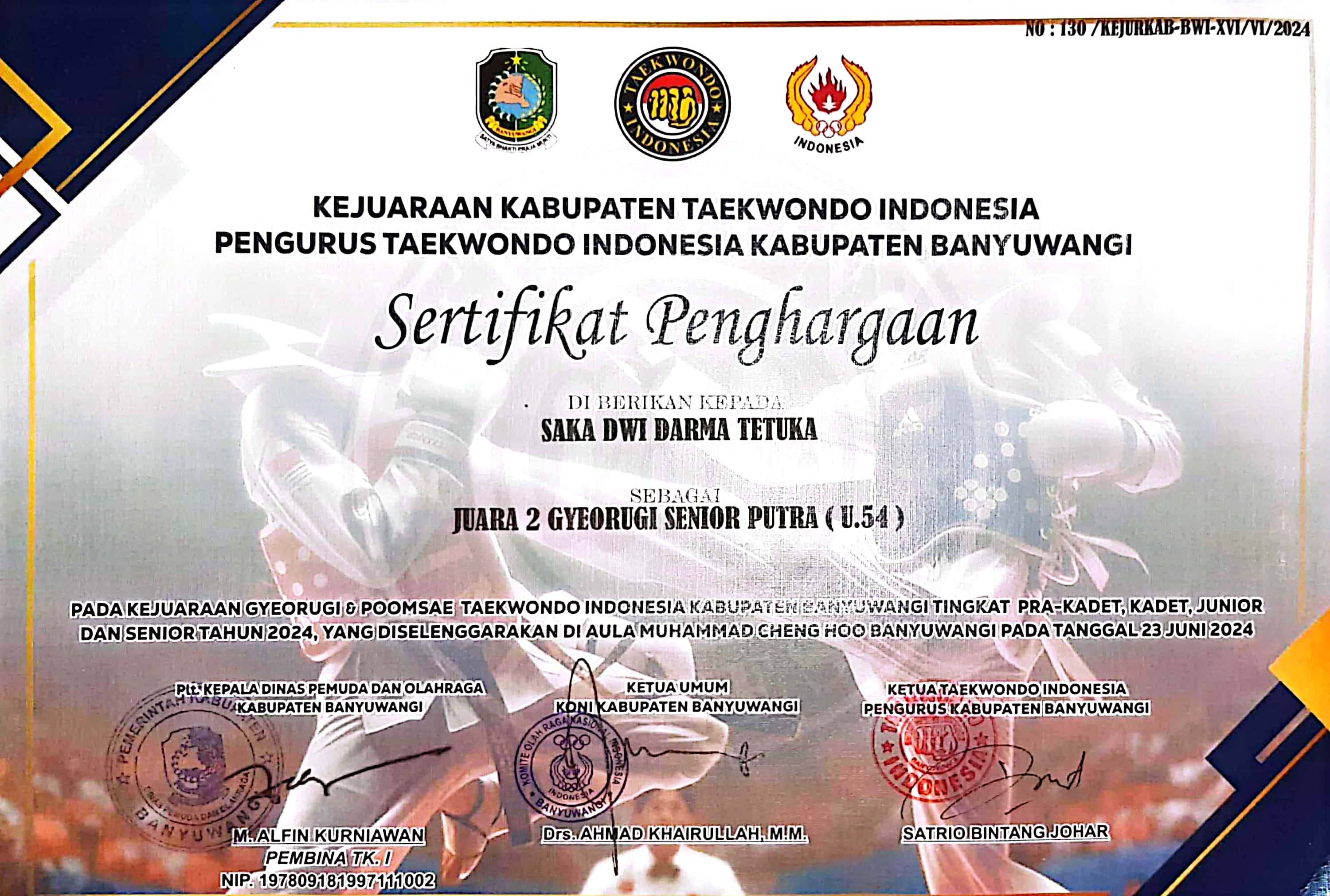 Juara 2 Gyeorugi Senior pada Kejuaraan Gyeorugi & Pomsae Taekwondo Indonesia Kab. Banyuwangi Tingkat Pra. Kadet, Kadet, Junior dan Senior tahun 2024