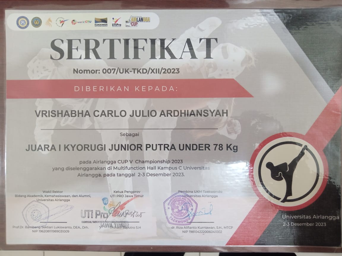 Kyorugi Junior Putra Under 78 Kg Pada Airlangga CUP V Championship 2023 yang di selenggarakan di Multifunction Hall Kampus C Universitas Airlangga pada tanggal 2 -3 Desember 2023