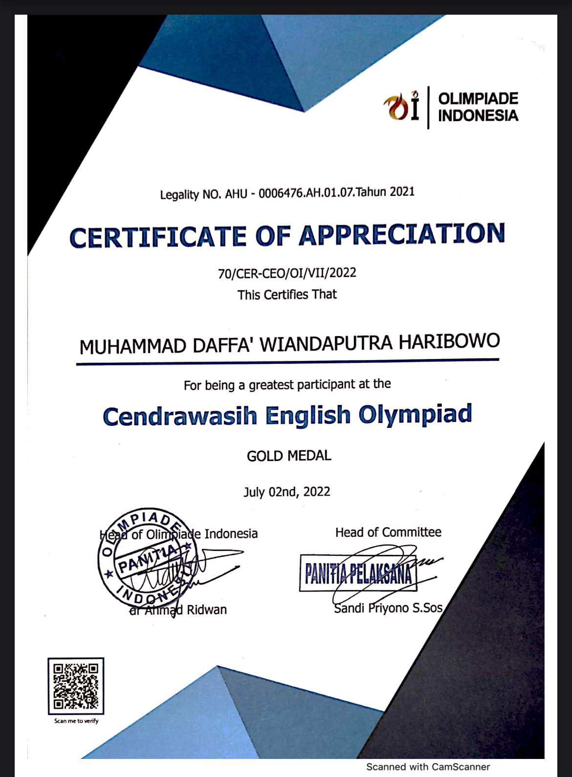 MEDALI EMAS Cendrawasih English Olympiad