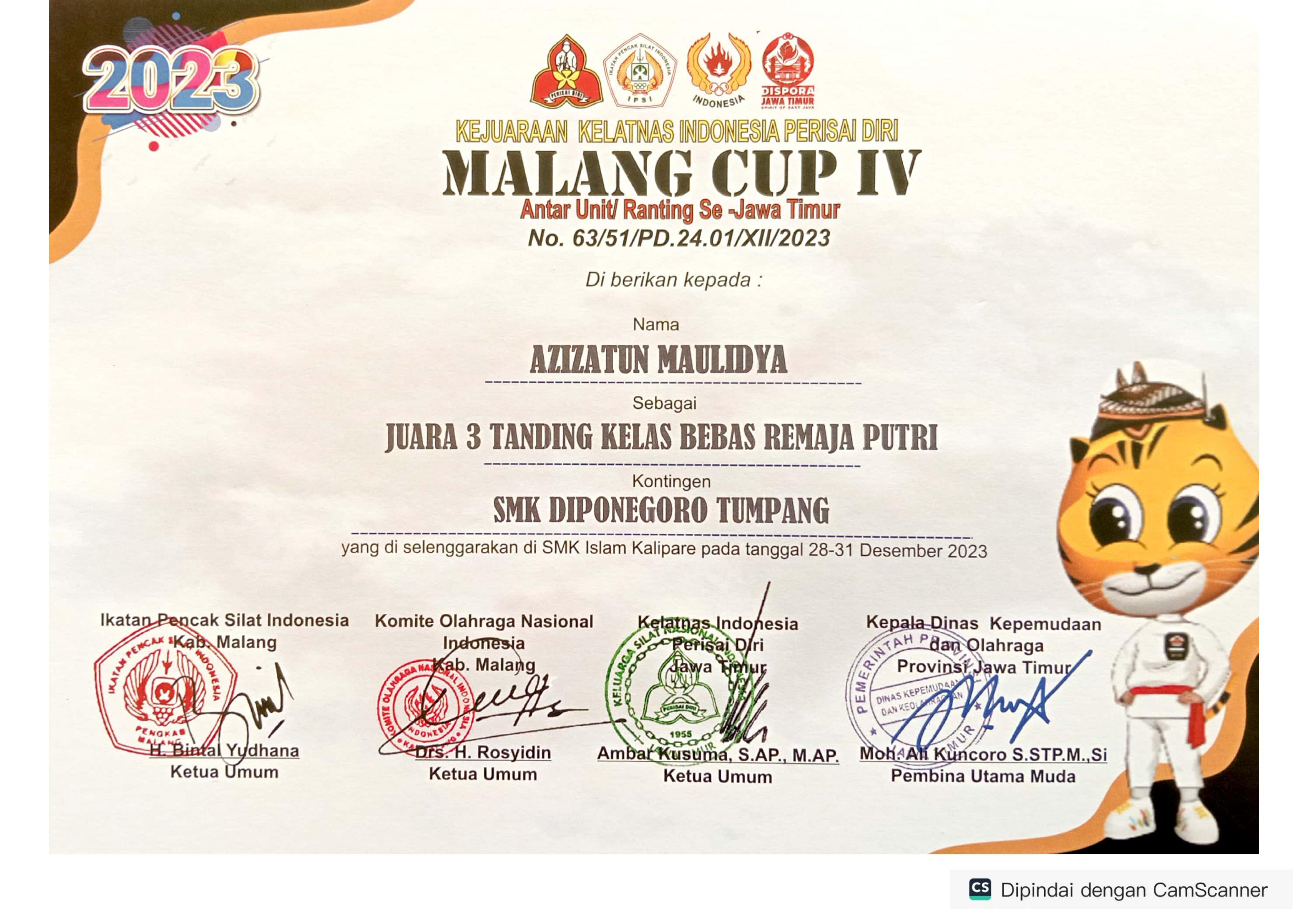 Juara 3 Tanding Kelas Bebas Remaja Putri Kejuaraan Kelatnas Indonesia Perisai Diri Malang Cup IV