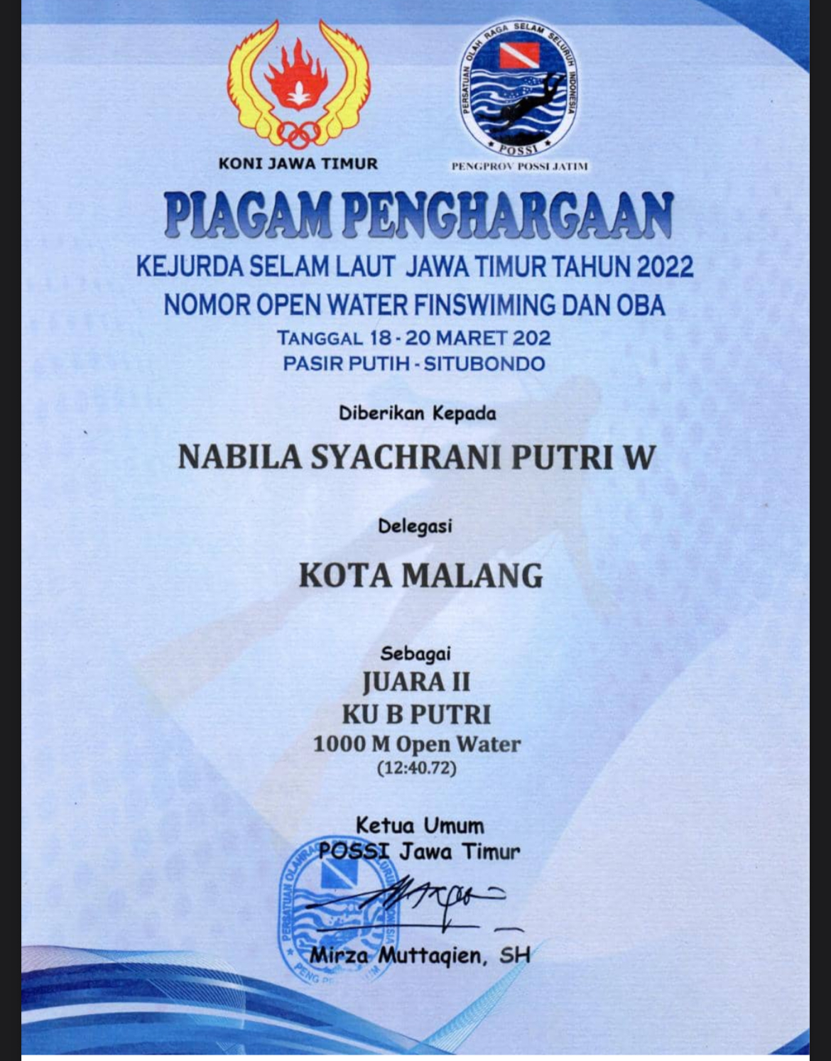 Juara 2 nomer 1000 M Open Water KU B PUTRI Kejurda Selam Laut Jawa Timur Tahun 2022 Nomor Open Water Finswimming dan Oba