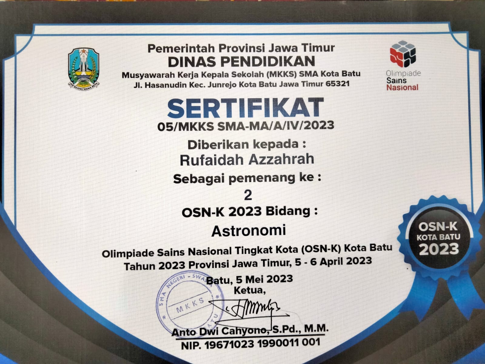 juara 2 OSN-K 2023 Bidang Astronomi