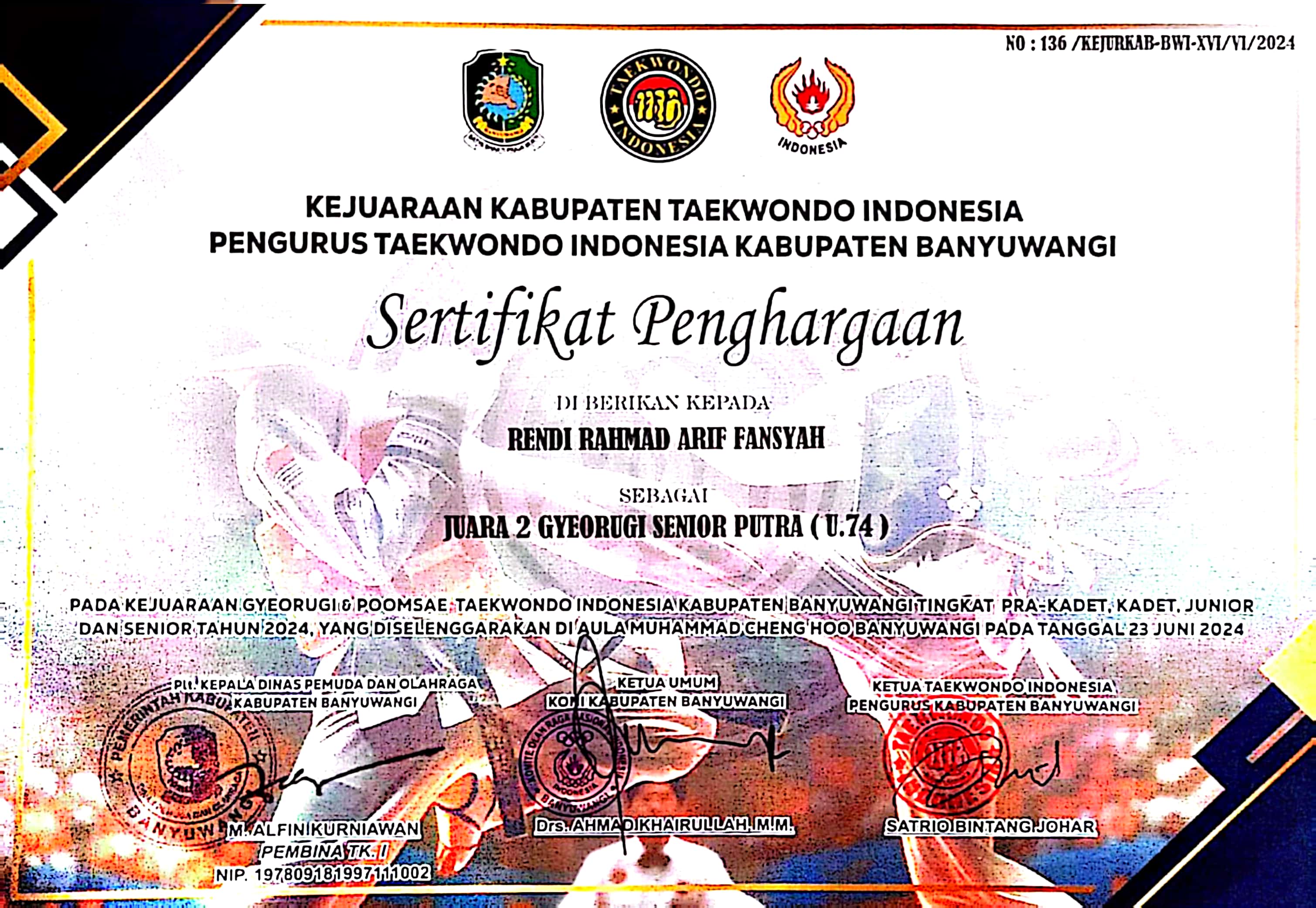 Juara 2 Gyeorugi Senior Putra pada Kejuaraan Gyeorugi & Pomsae Taekwondo Indonesia Kab. Banyuwangi Tingkat Pra. Kadet, Kadet, Junior dan Senior tahun 2024