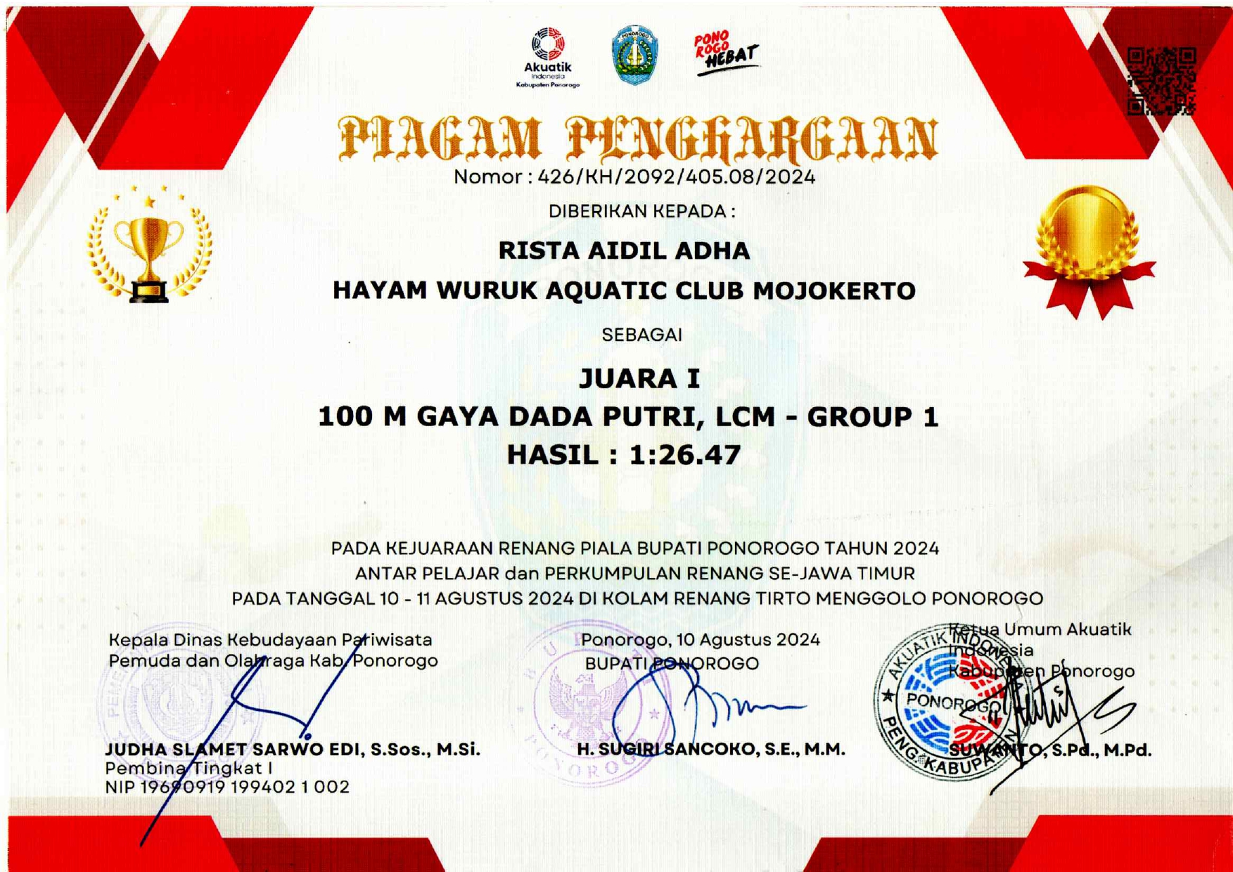 KEJUARAAN RENANG PIALA BUPATI PONOROGO KATEGORI 100 M GAYA DADA PUTRI LCM GROUP 1