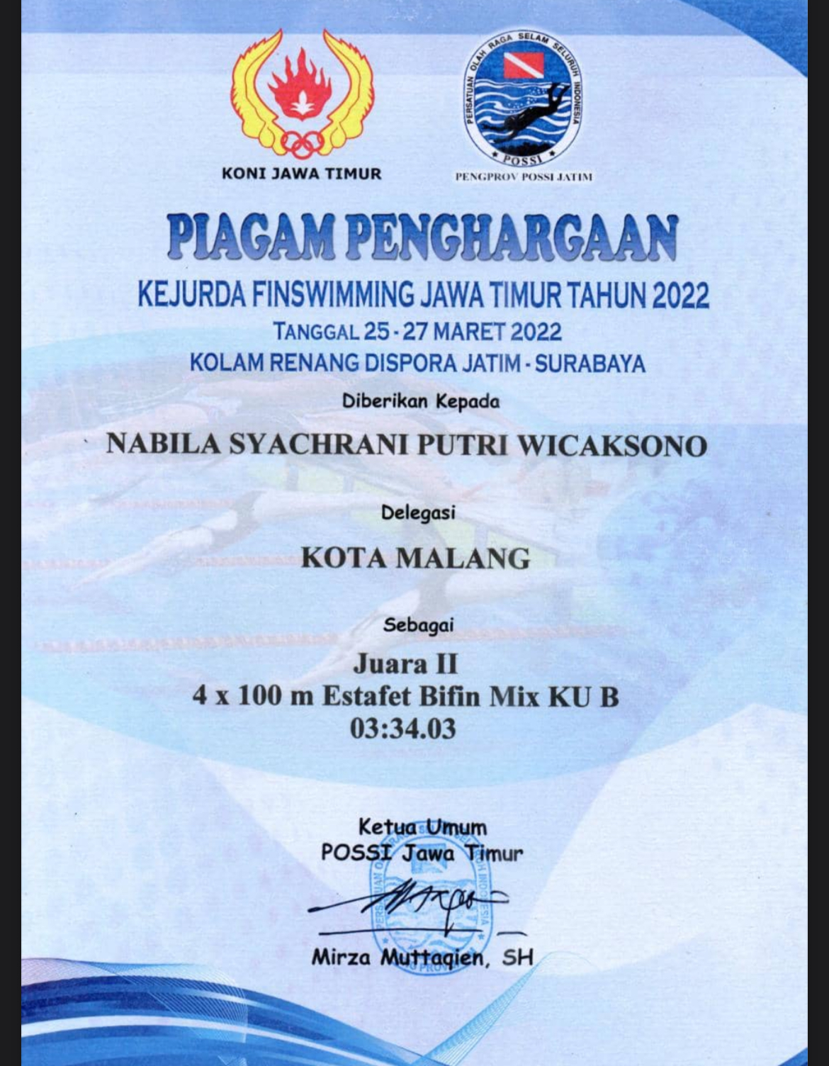 Juara 2 nomer 4x100 m Estafet Bifin Mix KU B Kejurda Finswimming Jawa Timur Tahun 2022