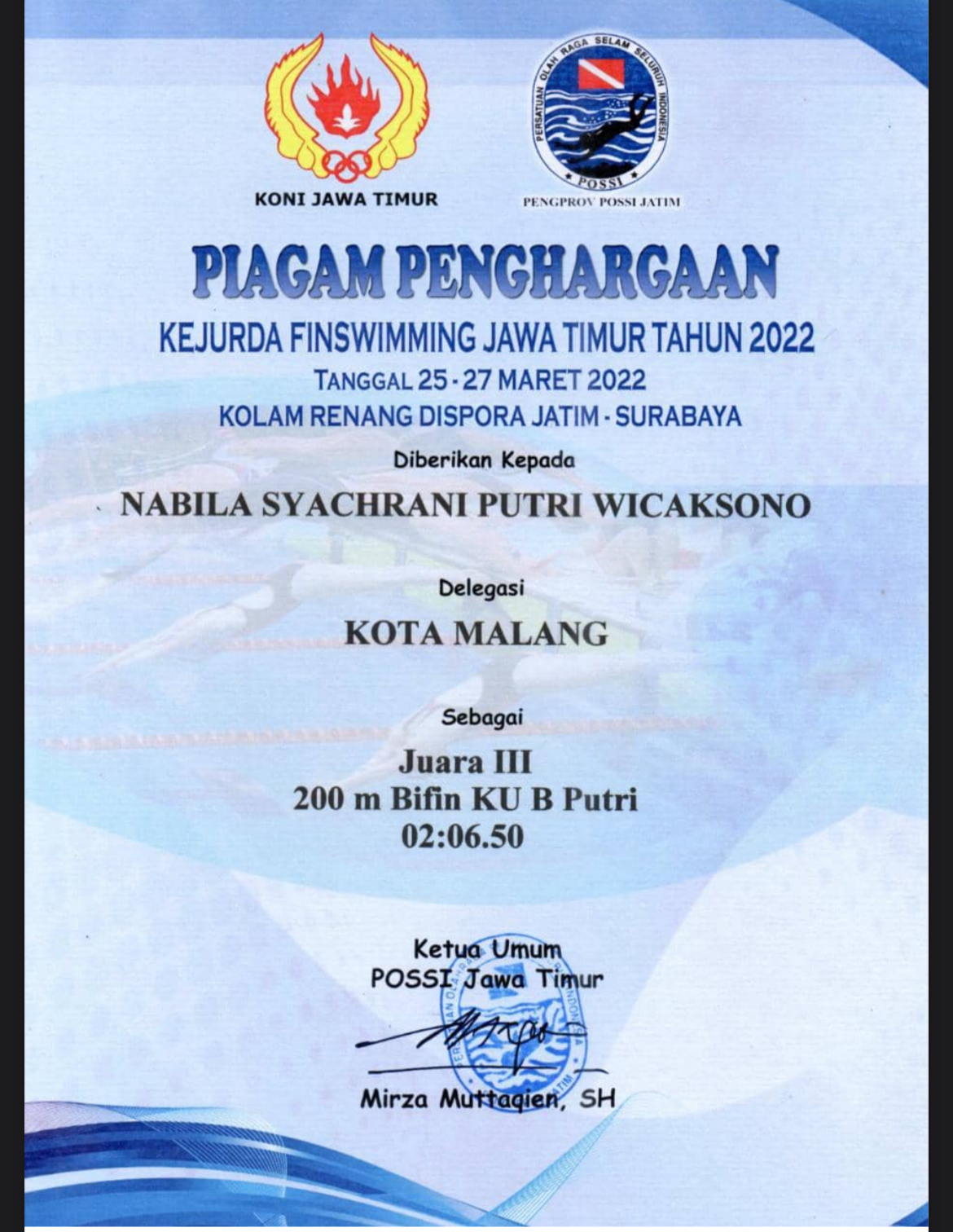 Juara 3 nomer 200 m bifin KU B Putri Kejurda Finswimming Jawa Timur Tahun 2022