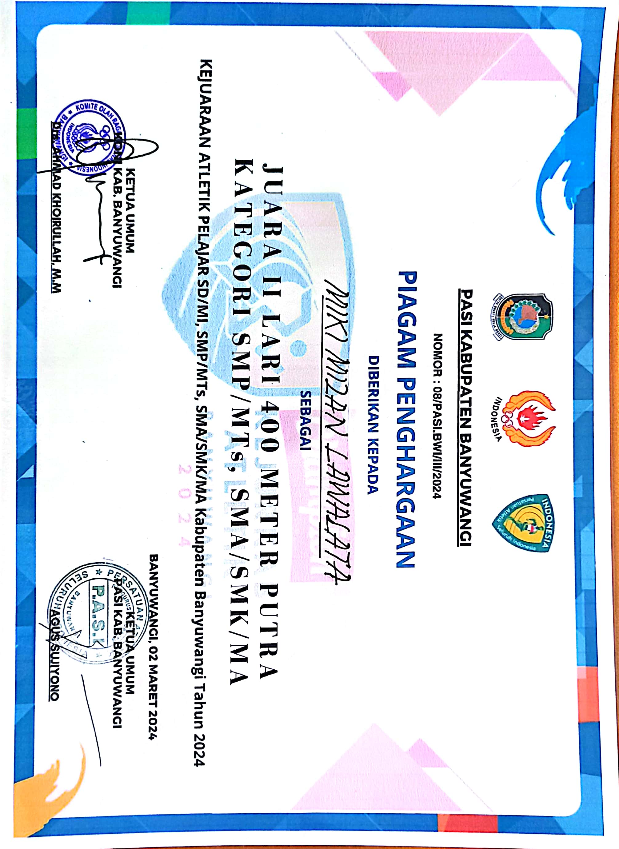 Juara Tiga Lari 400 Meter Putra dalam Kejuaraan Atletik Pelajar SD/MI, SMP/MTs, SMA/SMK/MA