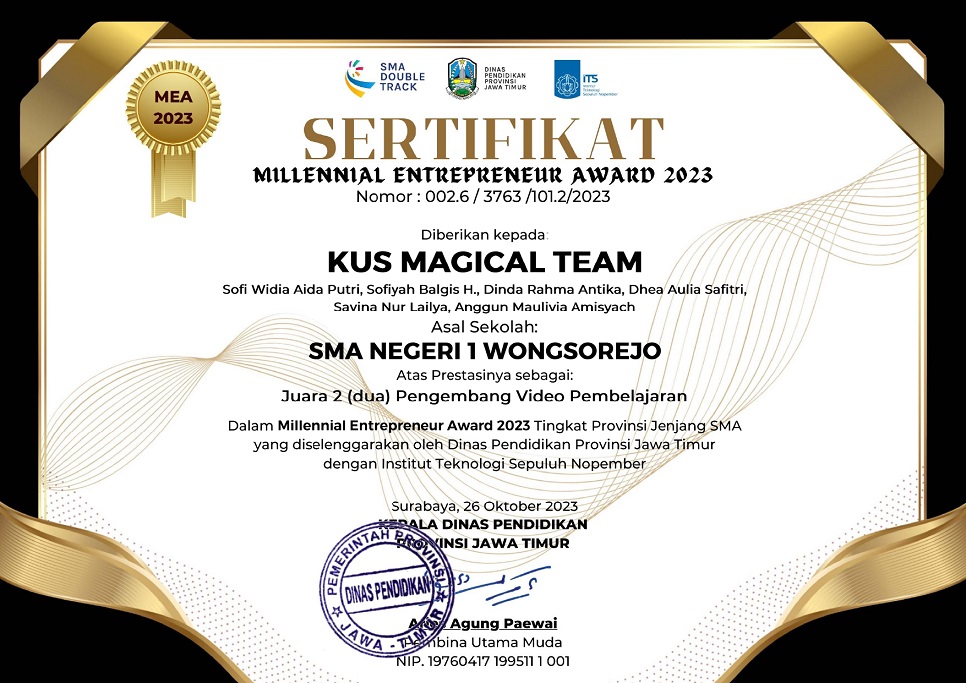 JUARA 2 PENGEMBANG VIDEO PEMBELAJARAN  -  MILLENNIAL ENTREPRENEUR AWARDS 2023