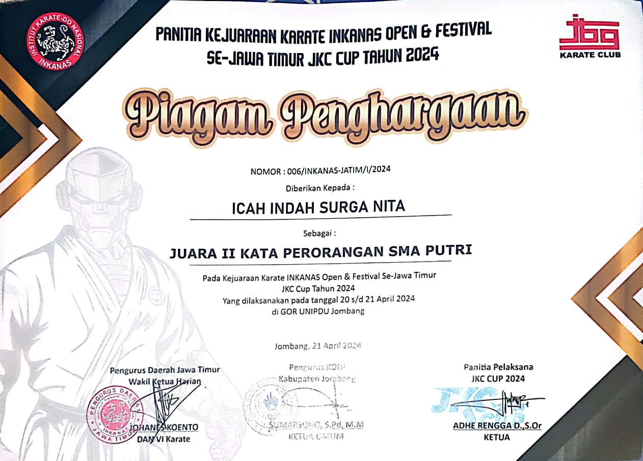 JUARA II KATA PERORANGAN KEJUARAAN KARATE INKANAS OPEN DAN FESTIVAL