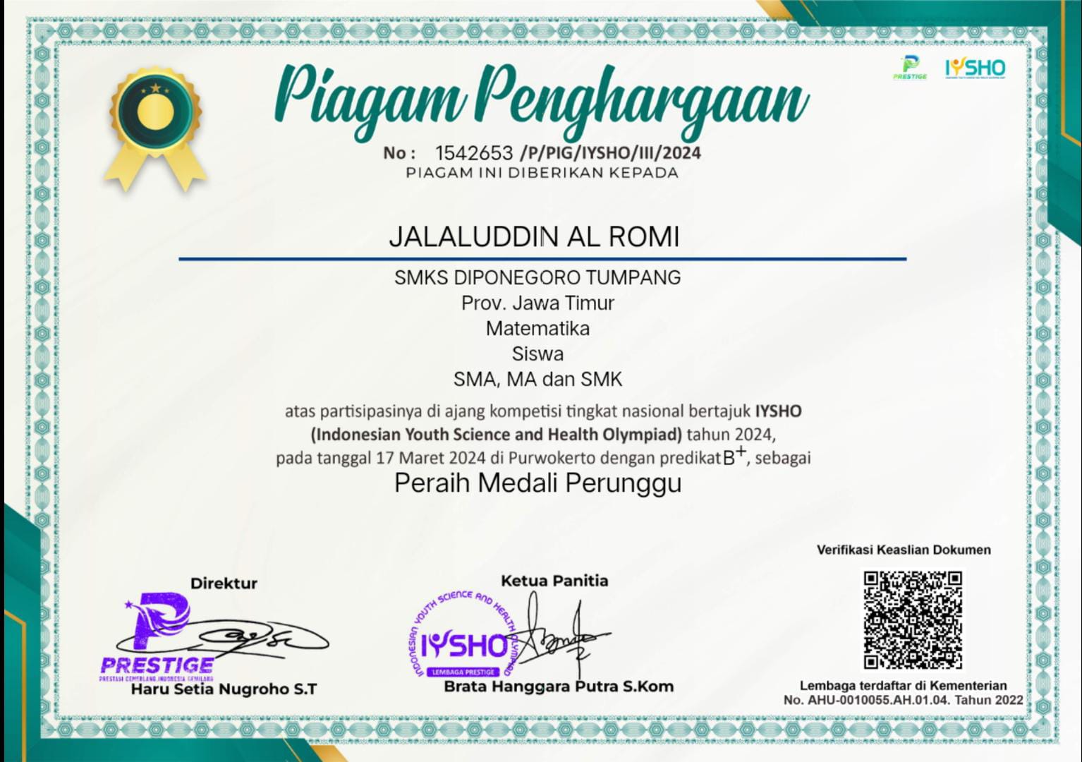 Peraih Medali Perunggu dalam Indonesian Youth Science and Health Olympiad