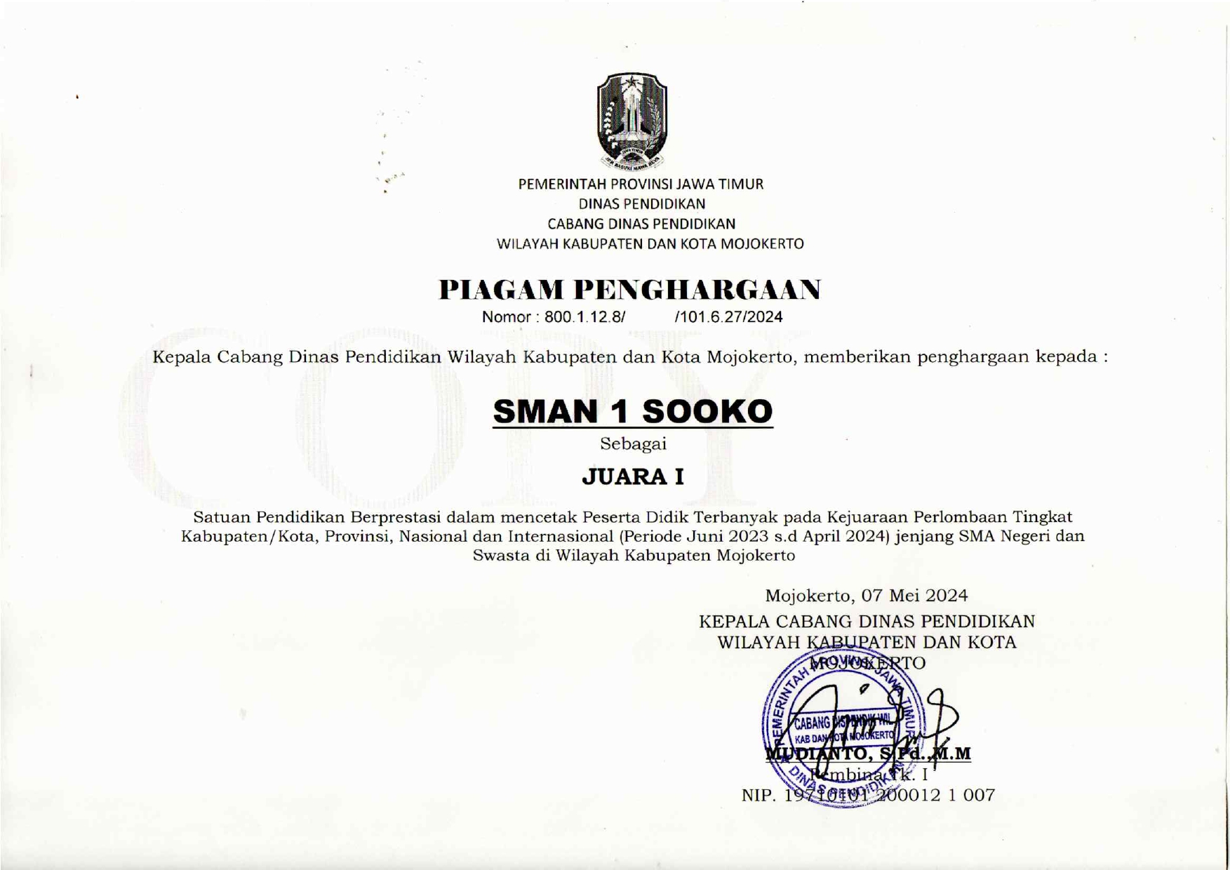 SATUAN PENDIDIKAN BERPRESTASI DENGAN  MENCETAK PESERTA DIDIK TERBANYAK PADA KEJUARAAN PERLOMBAAN TINGKAT KAB/KOTA, PROVINSI, NASIONAL DAN INTERNASIONAL (PERIODE JUNI 2023 s.d APRIL 2024) JENJANG SMA NEGERI DAN SWASTA DI WILAYAH KABUPATEN MOJOKERTO