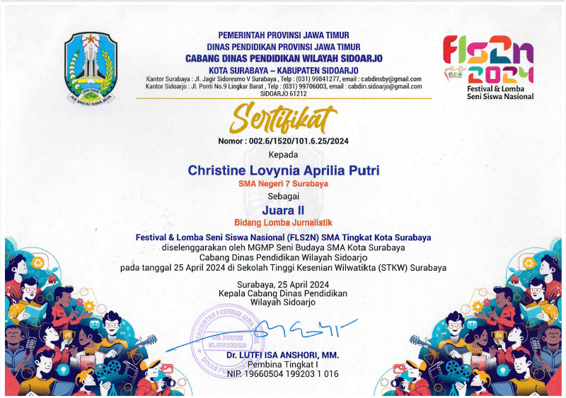 JUARA 2 FESTIVAL DAN LOMBA SENI SISWA NASIONAL (FLS2N) SMA tingkat Kota Surabaya