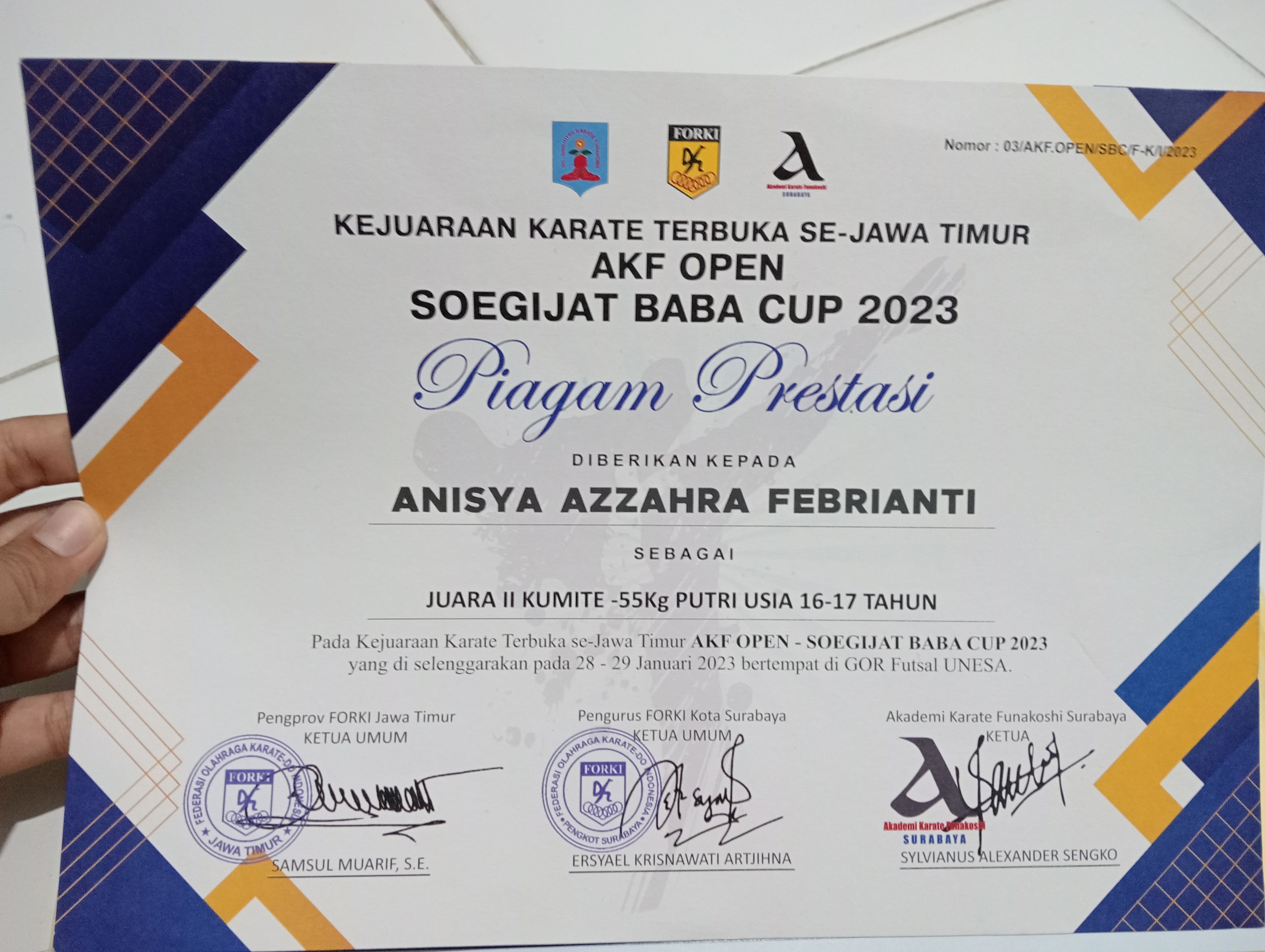 KEJUARAAN KARATE TERBUKA SE-JAWA TIMUR SOEGIJAT BABA CUP 2023, JUARA II KUMITE -55KG PUTRI USIA 16-17 TAHUN