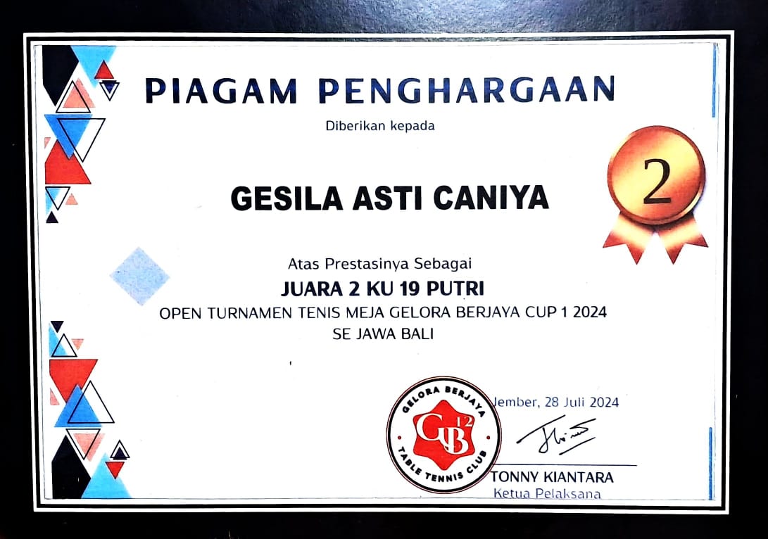 Juara 2 KU 19 Putri Open Turnamen Tenis Meja Gelora Berjaya Cup 1 2024 Se-Jawa Bali