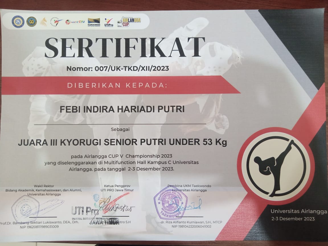 Kyorugi Junior Putri Under 53 Kg Pada Airlangga CUP V Championship 2023 yang di selenggarakan di Multifunction Hall Kampus C Universitas Airlangga pada tanggal 2 -3 Desember 2023