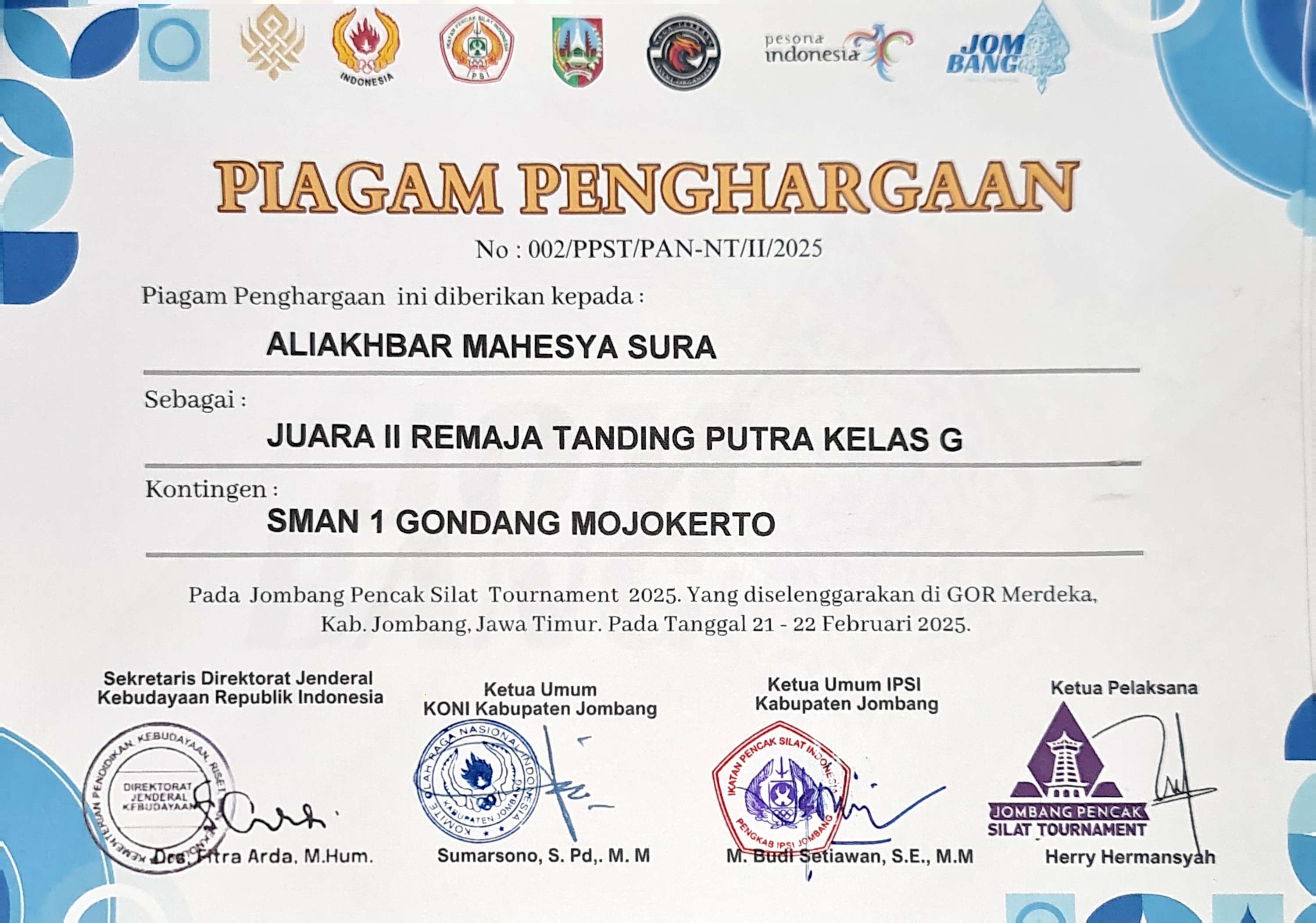 Kejuaraan Pencak Silat Tournament 2025 Kategori Remaja Tanding Putra Kelas G