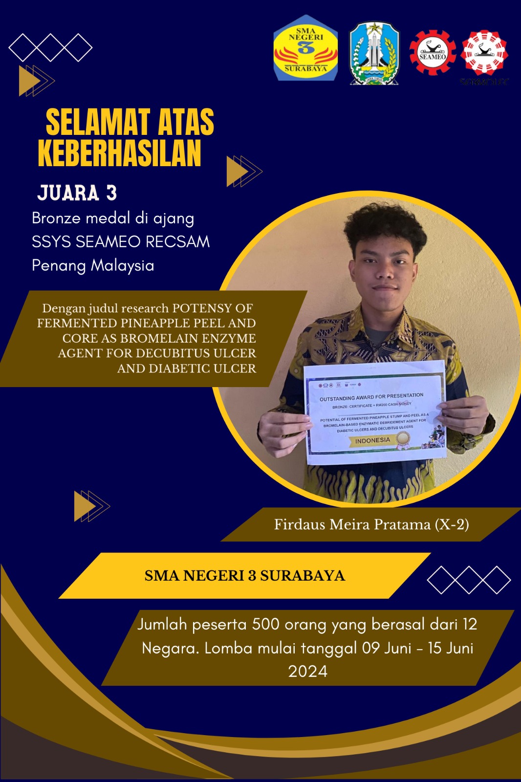 Medali perunggu kategori out standing award for presentation Diselenggarakan oleh SEAMEO RECSAM, PENANG MALAYSIA