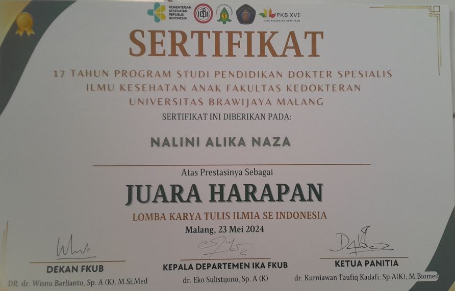 JUARA HARAPAN LKTI FK UB (17 TAHUN PENDIDIKAN DOKTER SPESIALIS ANAK)