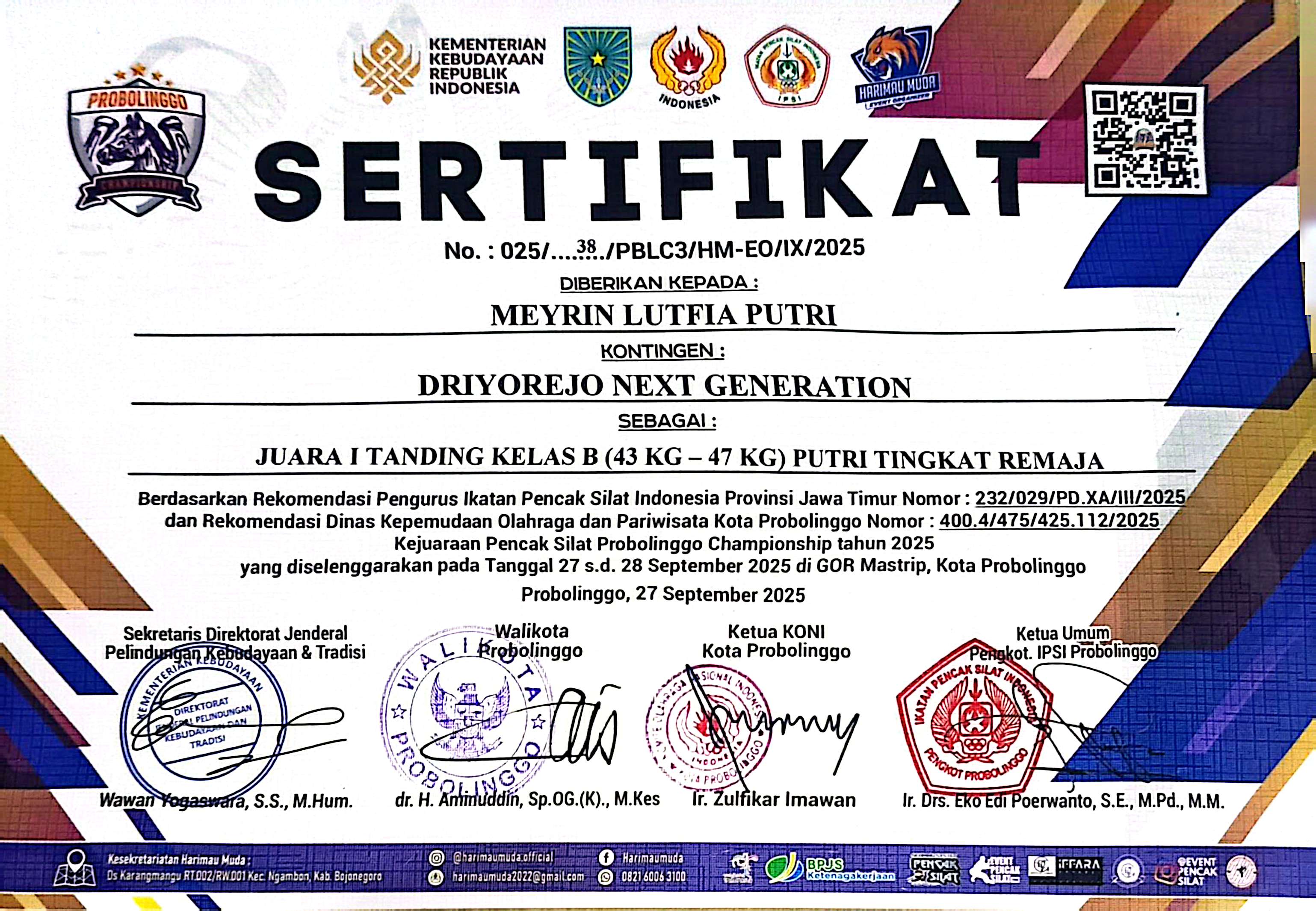 Juara I ( Satu) Kelas B Remaja Putri Katagori LAGA