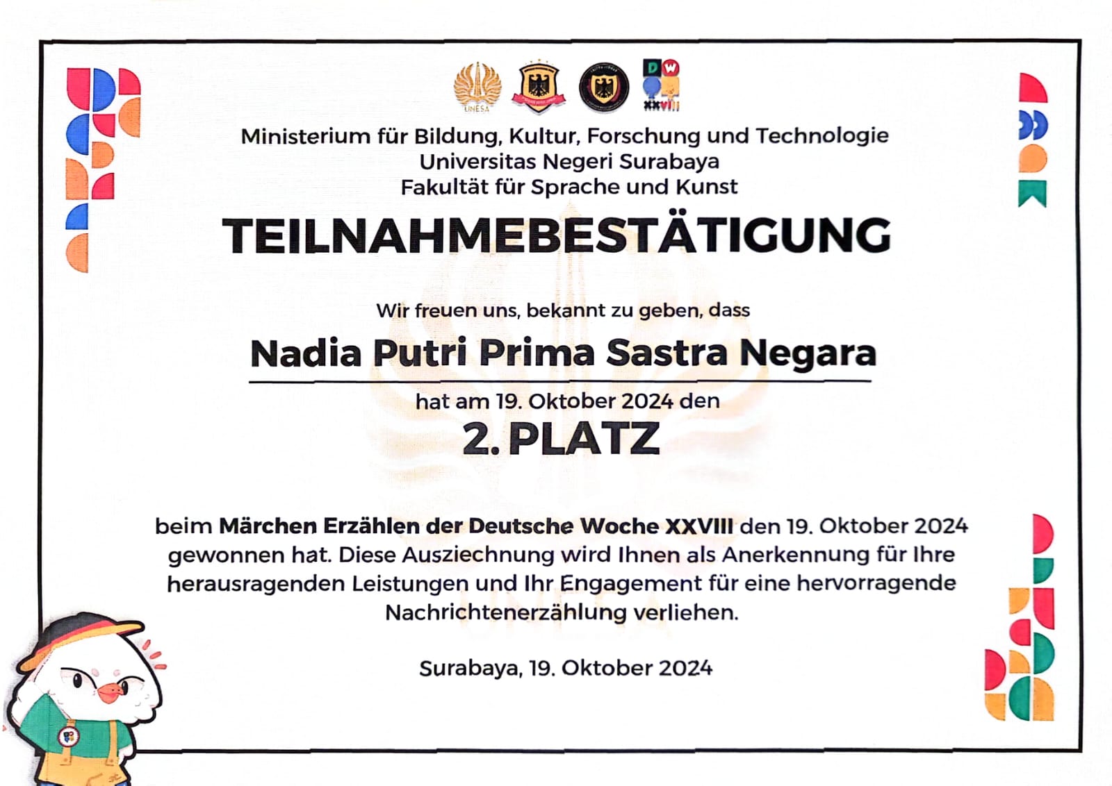Juara II Mendongeng Berbahasa Jerman dalam DEUTSCHE WOCHE XXVIII UNESA Surabaya 2024 Se Jawa Timur