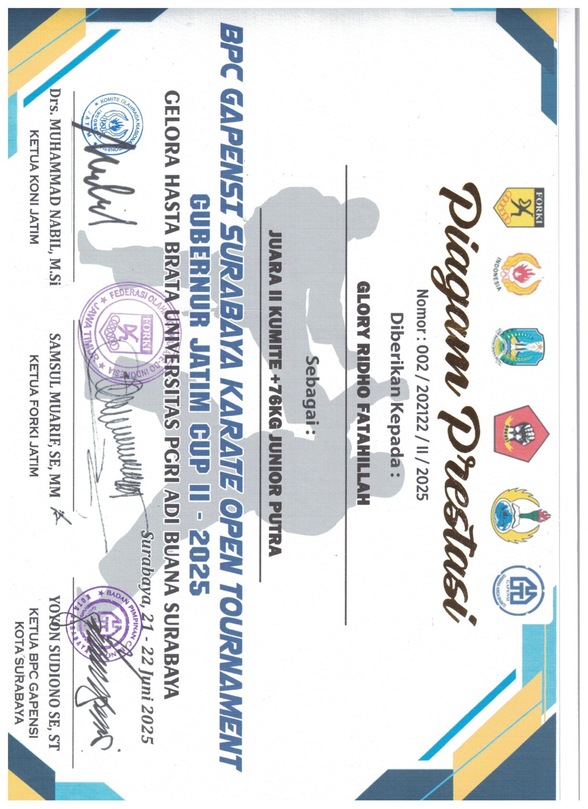 JUARA II KUMITE +76 KG JUNIOR PUTRA DALAM BPC GAPENSI SURABAYA KARATE OPEN TOURNAMEN GUBERNUR JATIM CUP II 2025