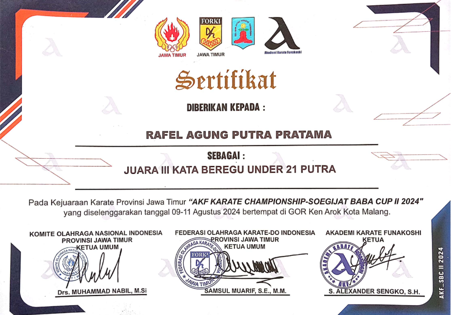 JUARA III KATA BEREGU UNDER 21 PUTRA - Pada Kejuaraan Karate Provinsi Jawa Timur \