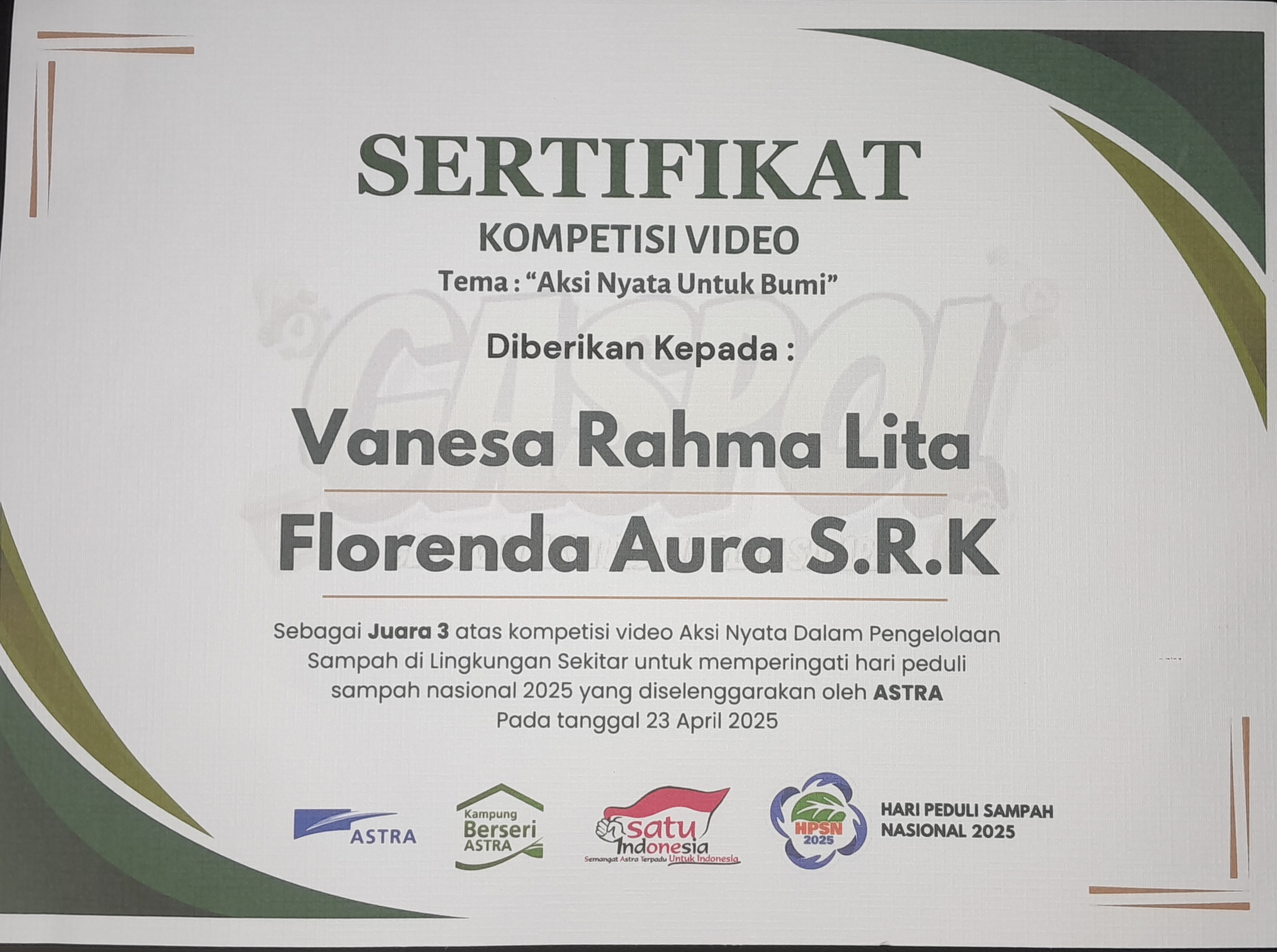 JUARA 3 LOMBA VIDEO KREATIF GERAKAN AKSI PEDULI OLAH SAMPAH JENJANG PELAJAR SEKOLAH ADIWIYATA