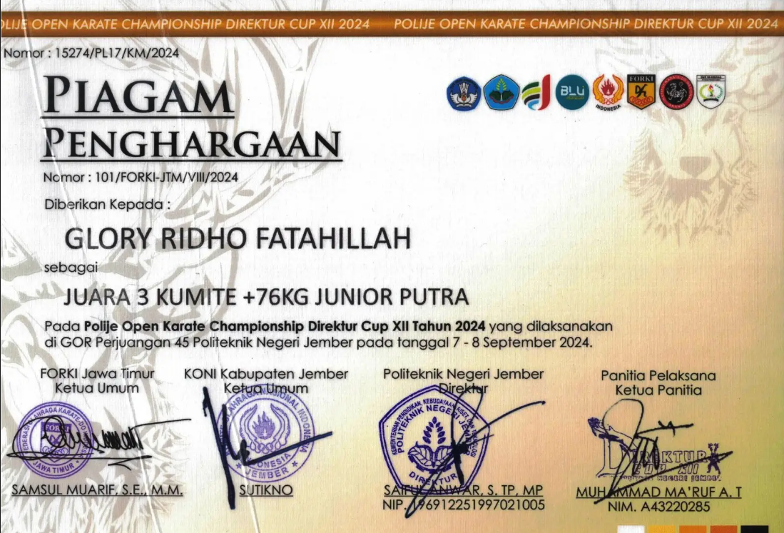 JUARA 3 KUMITE +76KG JUNIOR PUTRA / Pada PoliJe Open Karate Championship Direktur Cup XII Tahun 2024 