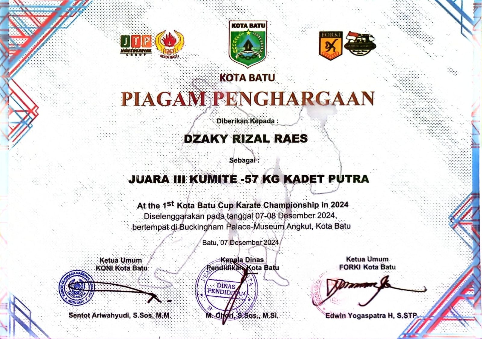 Juara III Kumite -57kg KADET putra pada first Kota batu cup karate championship 2024