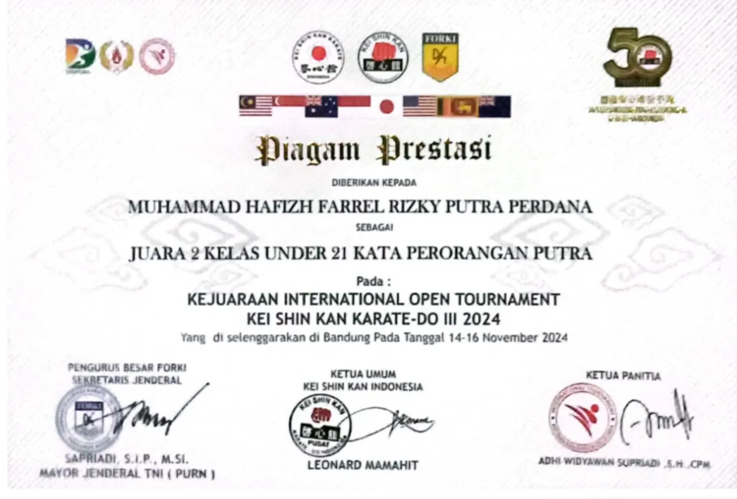 JUARA 2 KELAS UNDER 21 KATA PERORANGAN PUTRA, KEJUARAAN INTERNATIONAL OPEN TOURNAMENT KEI SHIN KAN KARATE-DO Ill 2024