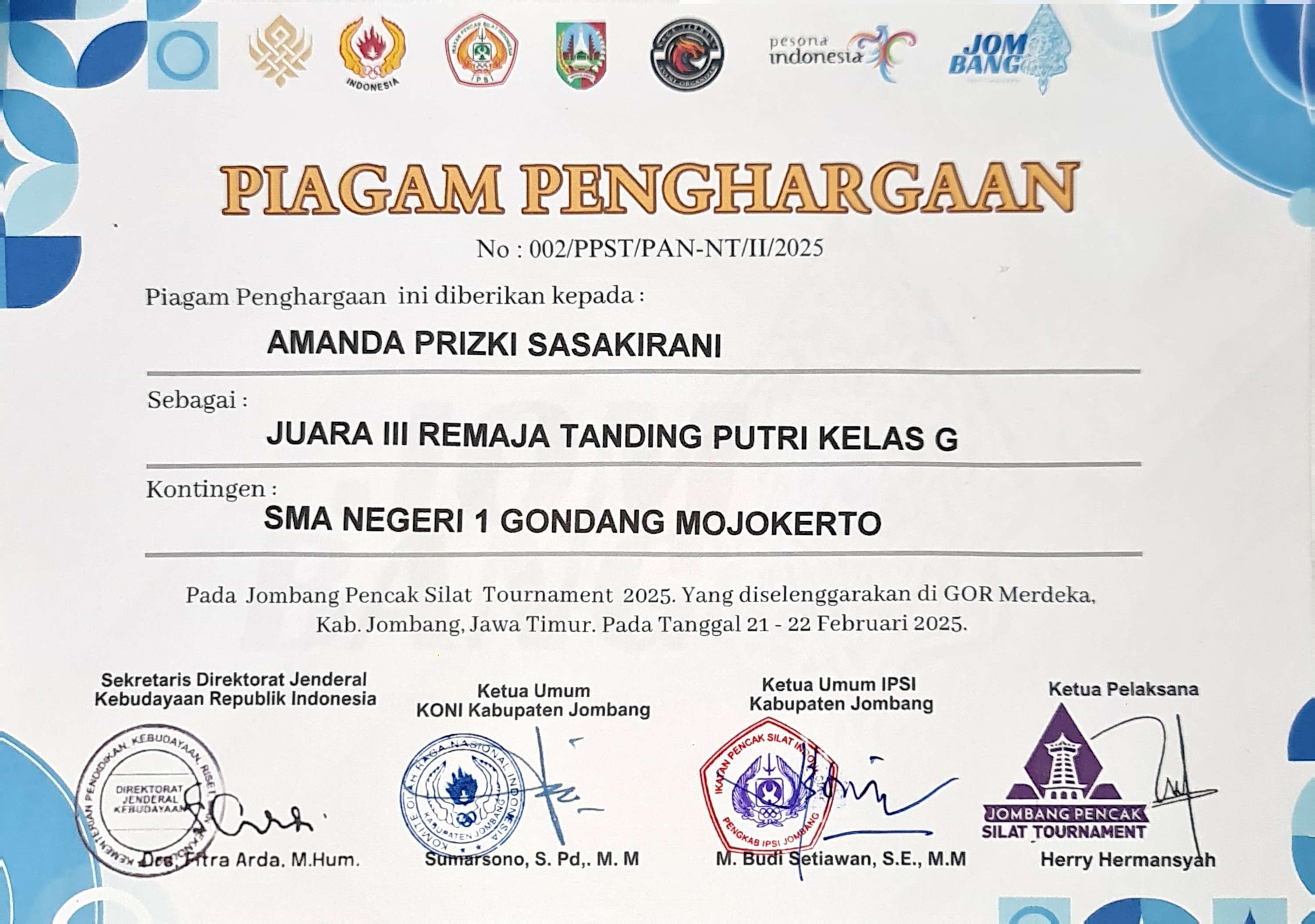 Kejuaraan Pencak Silat Tournament 2025 Kategori Remaja Tanding Putri Kelas G