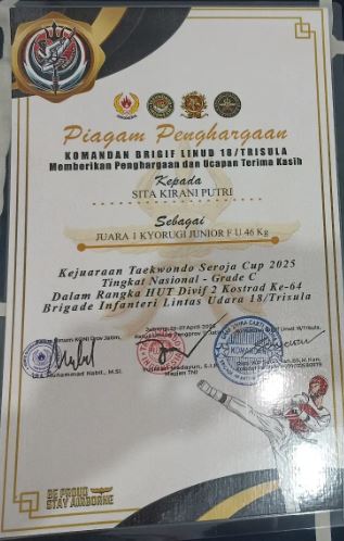 JUARA 1 KEJUARAAN TAEKWONDO SEROJA CUP 2025 TINGKAT NASIONAL GRADE C