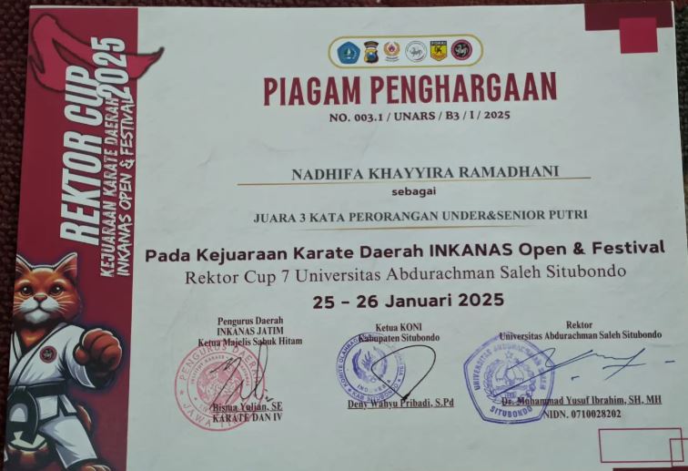 JUARA 3 KATA PERORANGAN UNDER 21&SENIOR PUTRI APDA KEJUARAAN KARATE DAERAH INKANAS DAN FESTIVAL REKTOR CUP 7 UNIVERSITAS ABDURACHMAN SALEH SITUBONDO