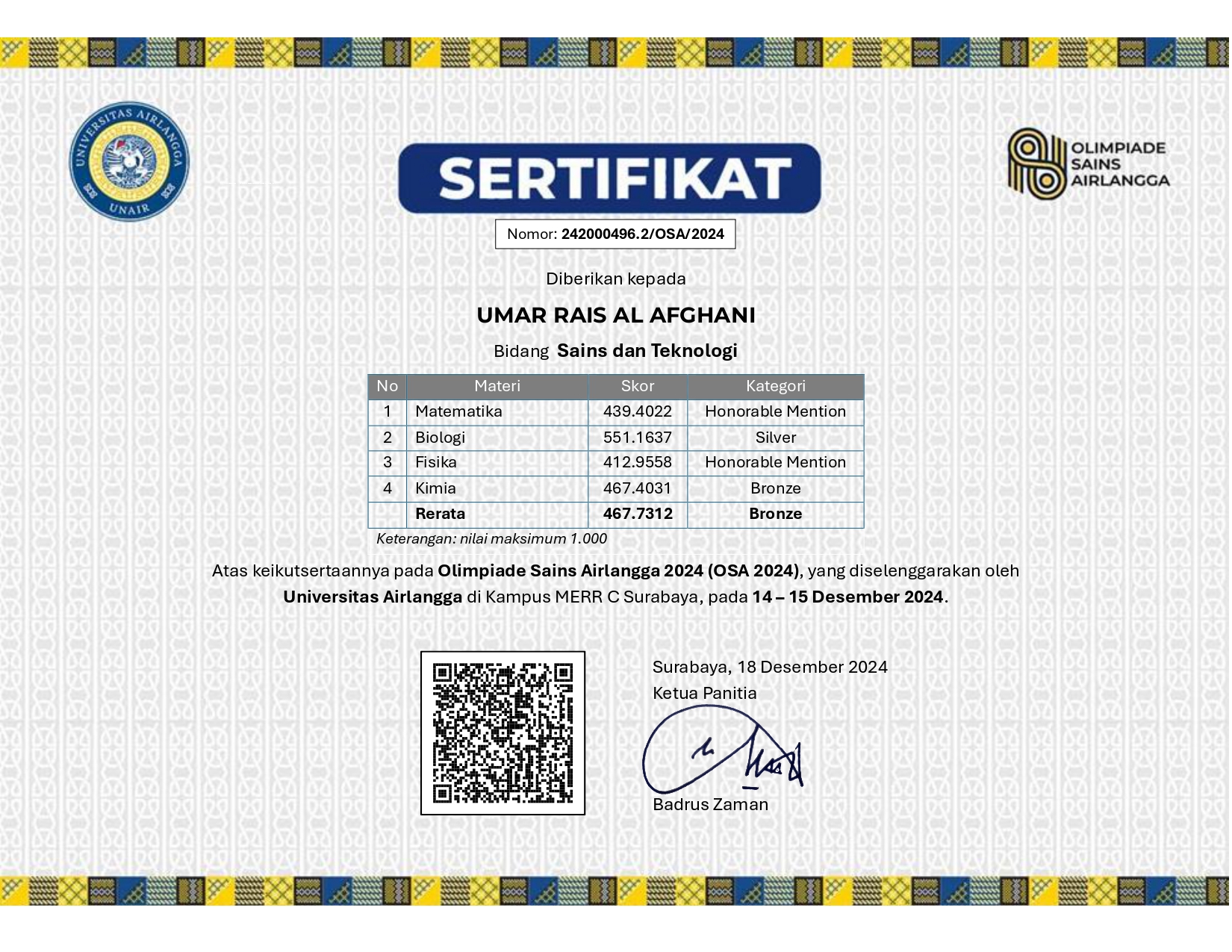 MEDALI PERUNGGU BIDANG SAINTEK OLIMPIADE SAINS AIRLANGGA 2024 (OSA 2024) 
