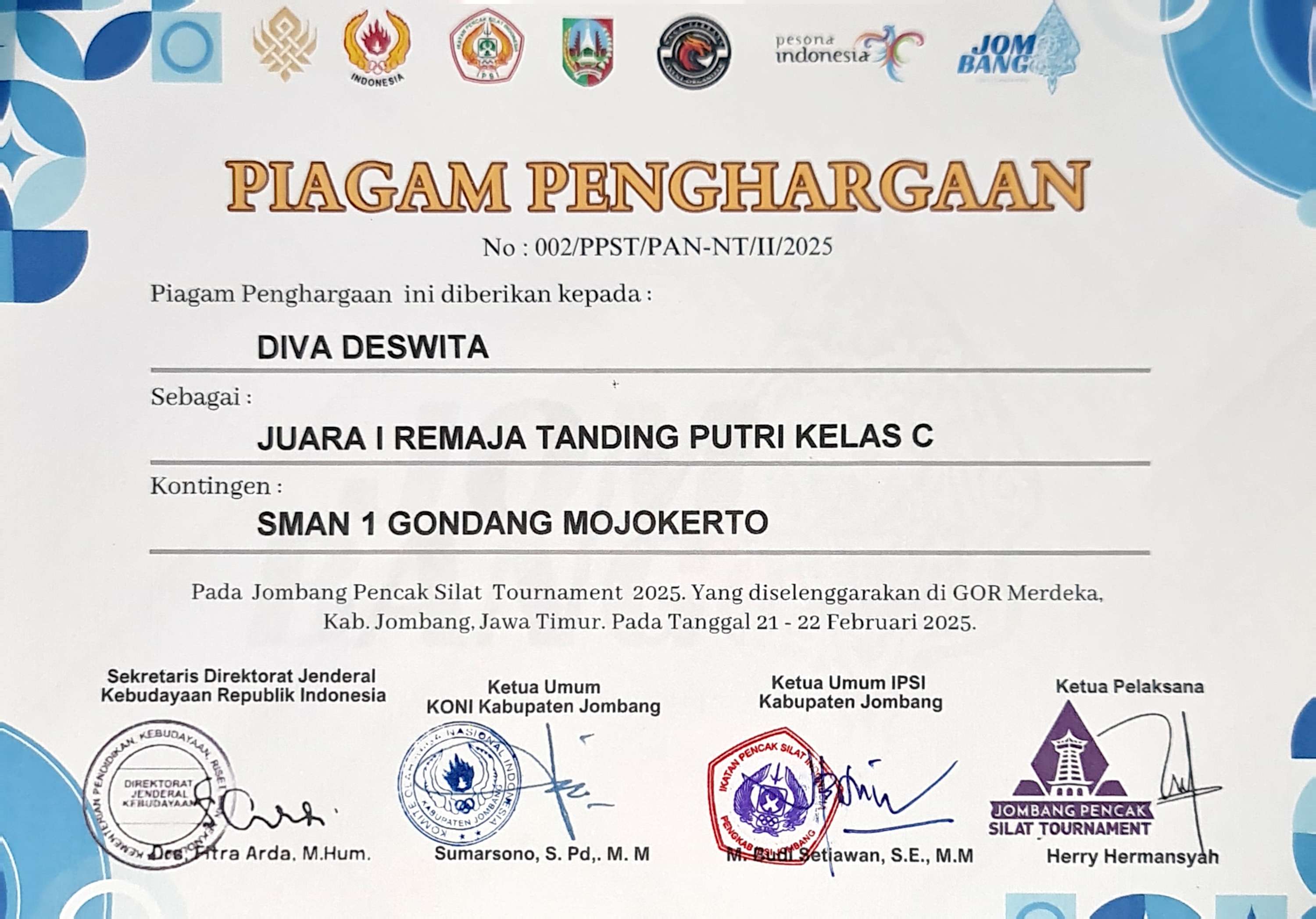 Kejuaraan Pencak Silat Tournament 2025 Kategori Remaja Tanding Putri Kelas C