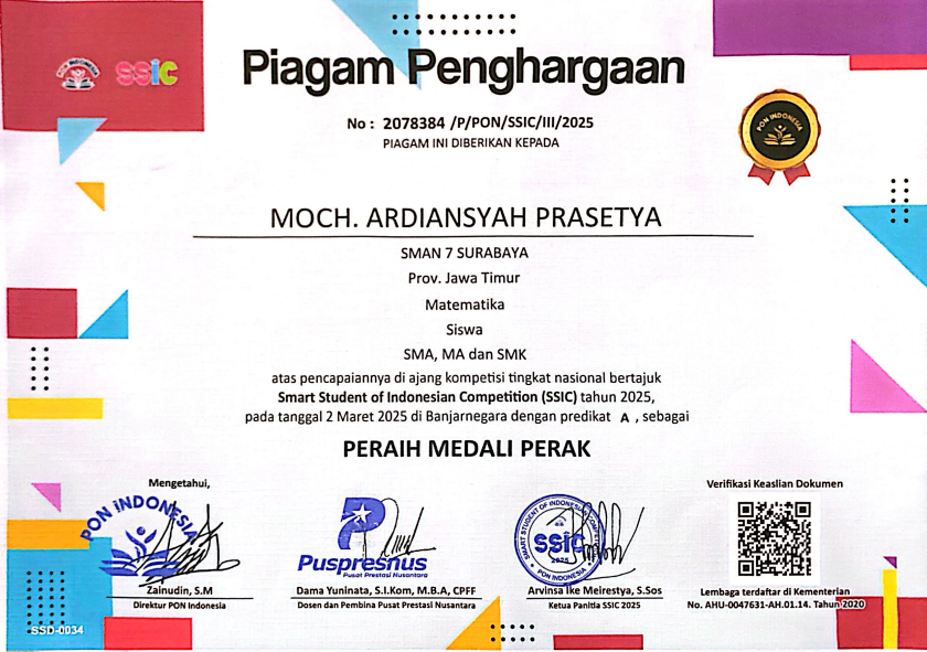 MEDALI PERAK BIDANG MATEMATIKA PADA SMART STUDENT OF INDONESIAN COMPETITION 2025