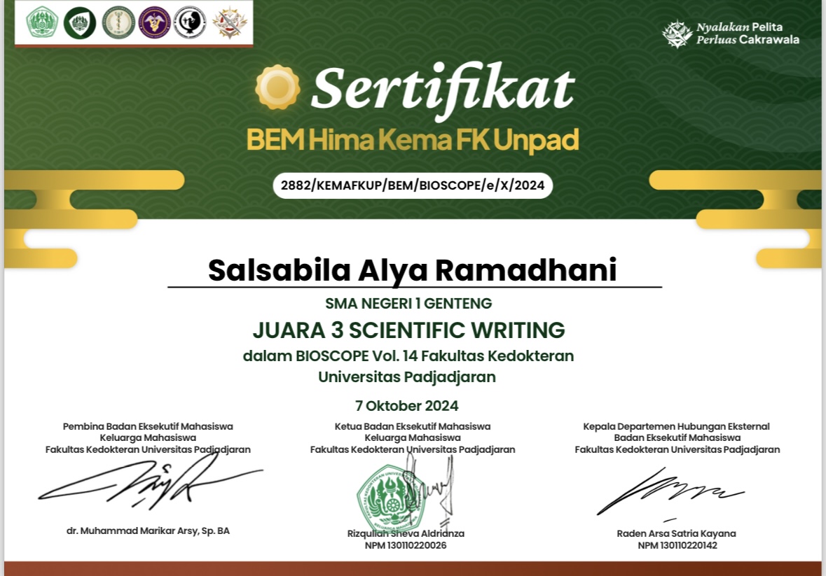 JUARA 3 SCIENTIFIC WRITING BIOSCOPE VOL 14 FAKULTAS KEDOKTERAN UNIVERSITAS PADJAJARAN
