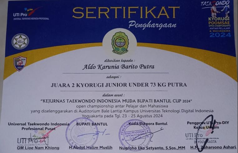 JUARA 2 KYOURUGI JUNIOR UNDER 73 KG PUTRA KEJURNAS TAEKWONDO INDONESIA MUDA BUPATI BANTUL CUP 2024