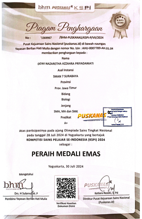 MEDALI EMAS BIDANG BIOLOGI PADA KOMPETISI SAINS PELAJAR SE-INDONESIA (KSPI)