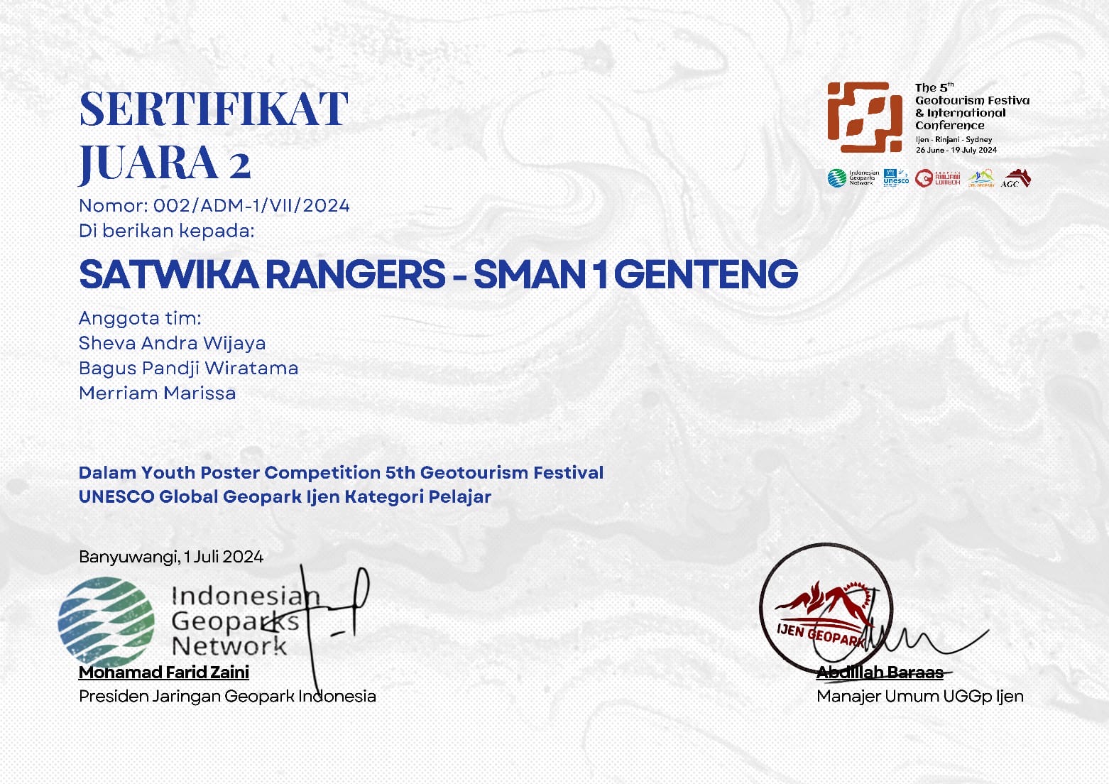 JUARA 2 YOUTH POSTER COMPETITION 5TH GEOTOURISM FESTIVAL UNESCO GLOBAL GEOPARK IJEN 