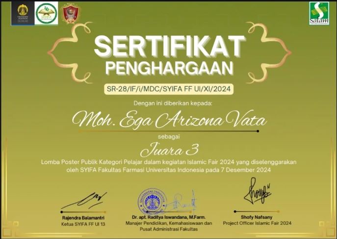JUARA 3 POSTER PUBLIK ISLAMIC FAIR 2024 FAKULTAS FARMASI UNIVERSITAS INDONESIA